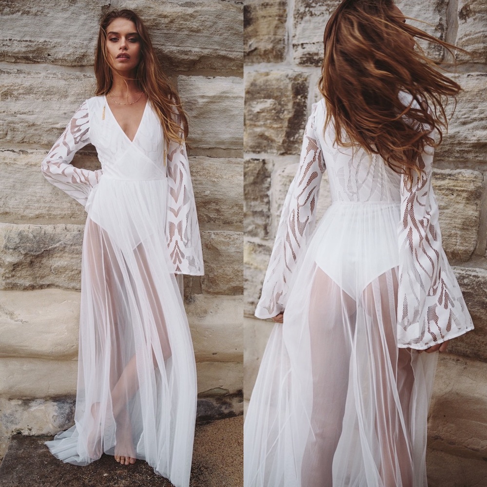 Sabo Skirt White Sheer Lace Maxi Dress